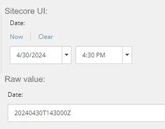 Sitecore UI showing date in normal and raw values mode
