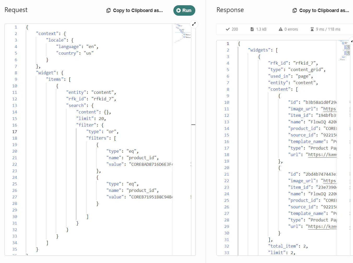 Request in API Explorer with filters and locale context